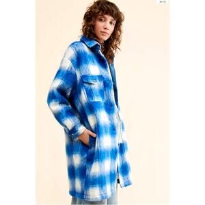 Wrangler Long Oversized Plush Wool Blend Shacket Blue White XL Free People